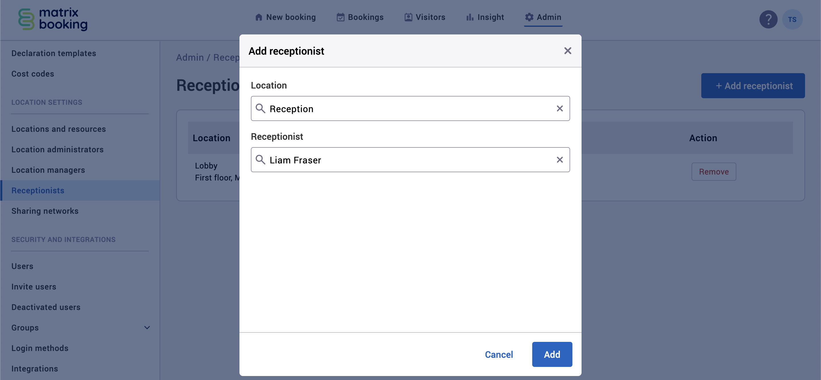 Add receptionist pop-up with an example reception and receptionist filled in.