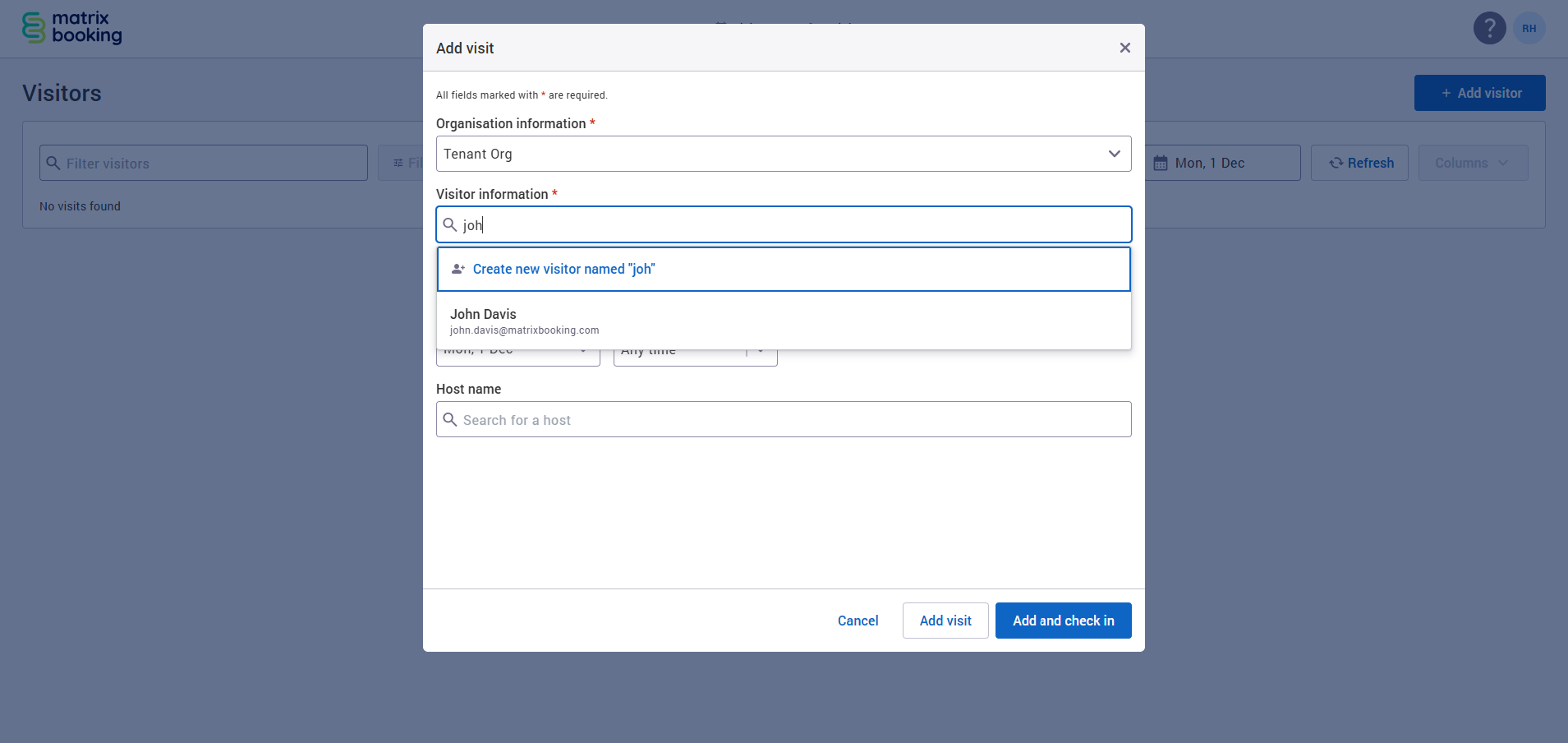 Add visit dialog with user search displayed.