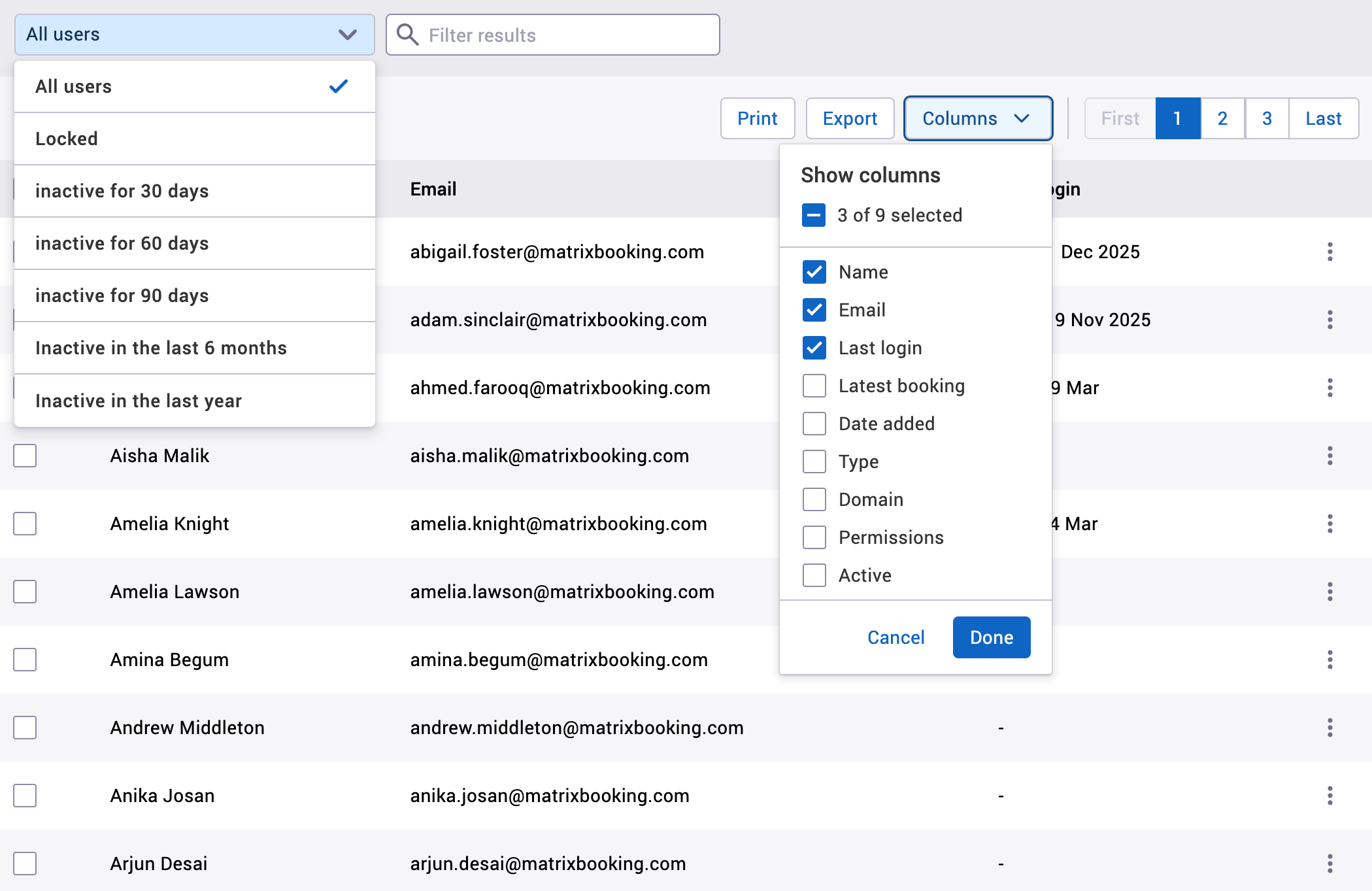 Users screen with the Inactivity and Columns dropdowns.