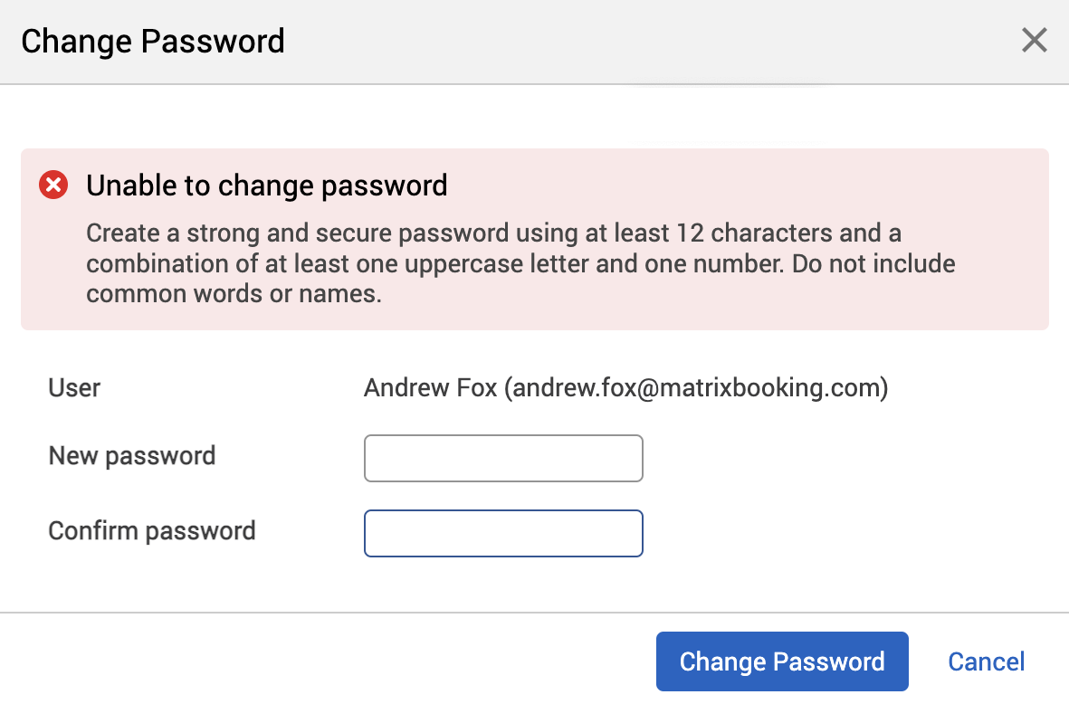 Unable to change password error message.
