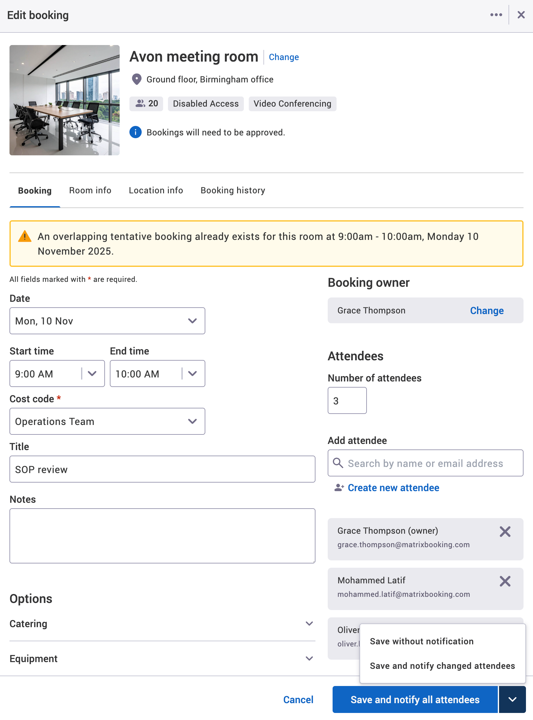 Edit booking dialog of an example booking awaiting approval.