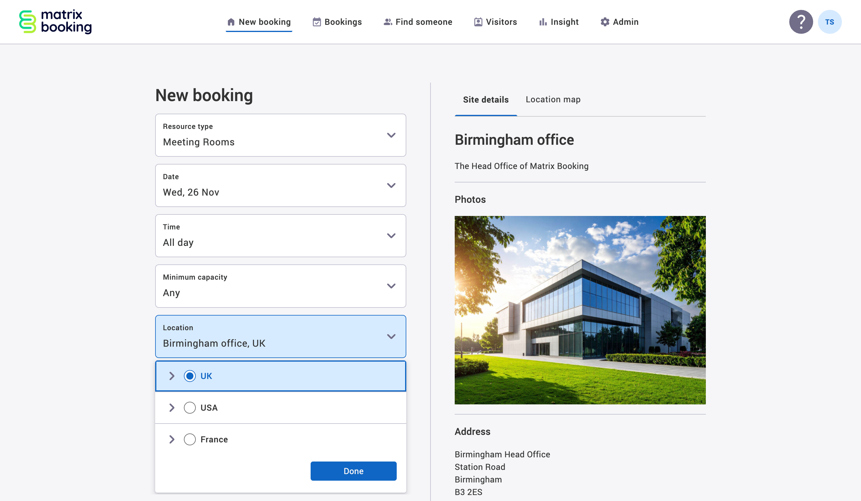New booking screen with the location dropdown shown.