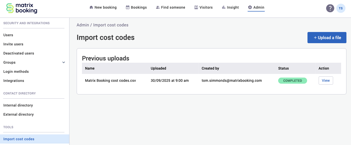 Uploaded cost code spreadsheet logged on the import cost code screen.