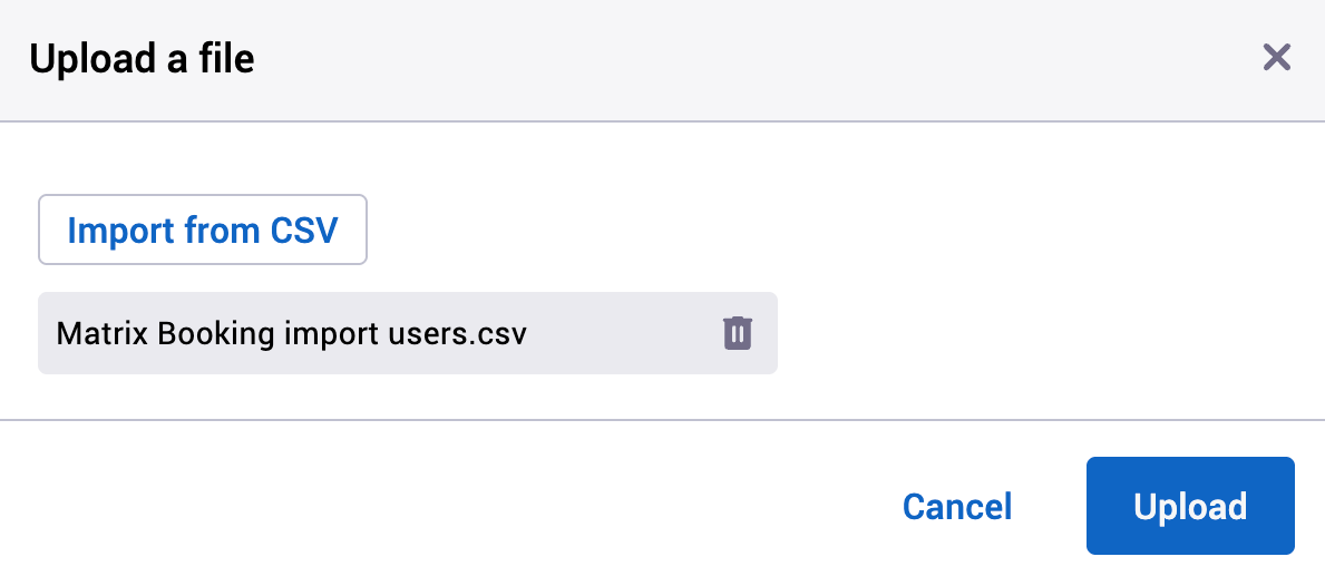 Upload a file pop-up with the CSV file ready to be uploaded.