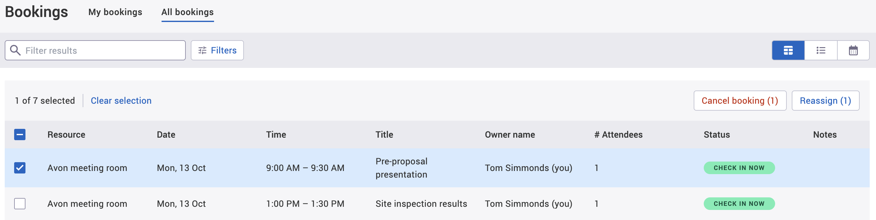 Table view of all bookings tab with an example booking selected for cancellation.