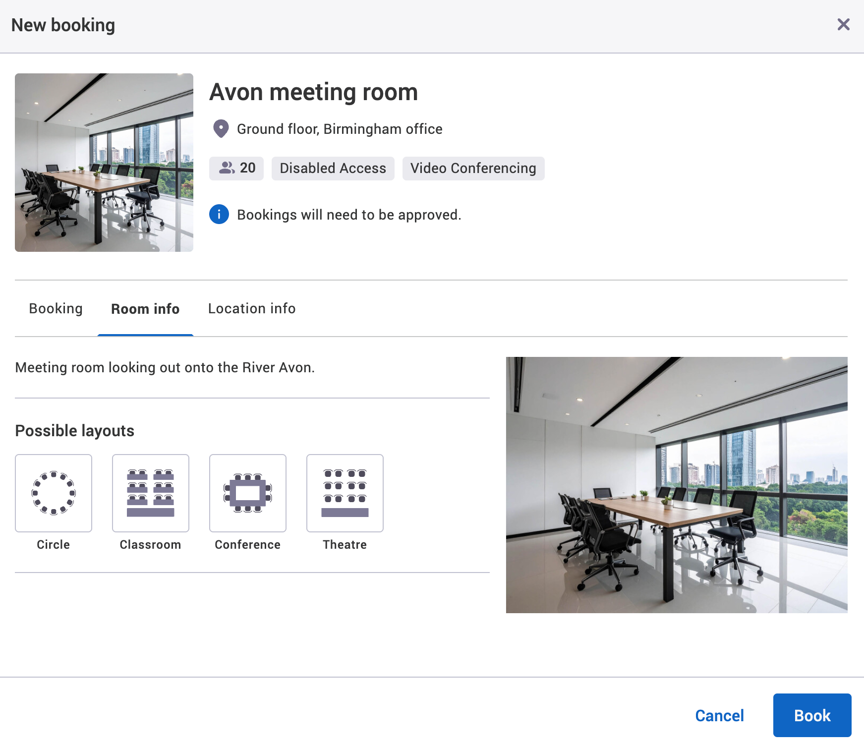 Resource info in the new booking pop-up with example resource details added.
