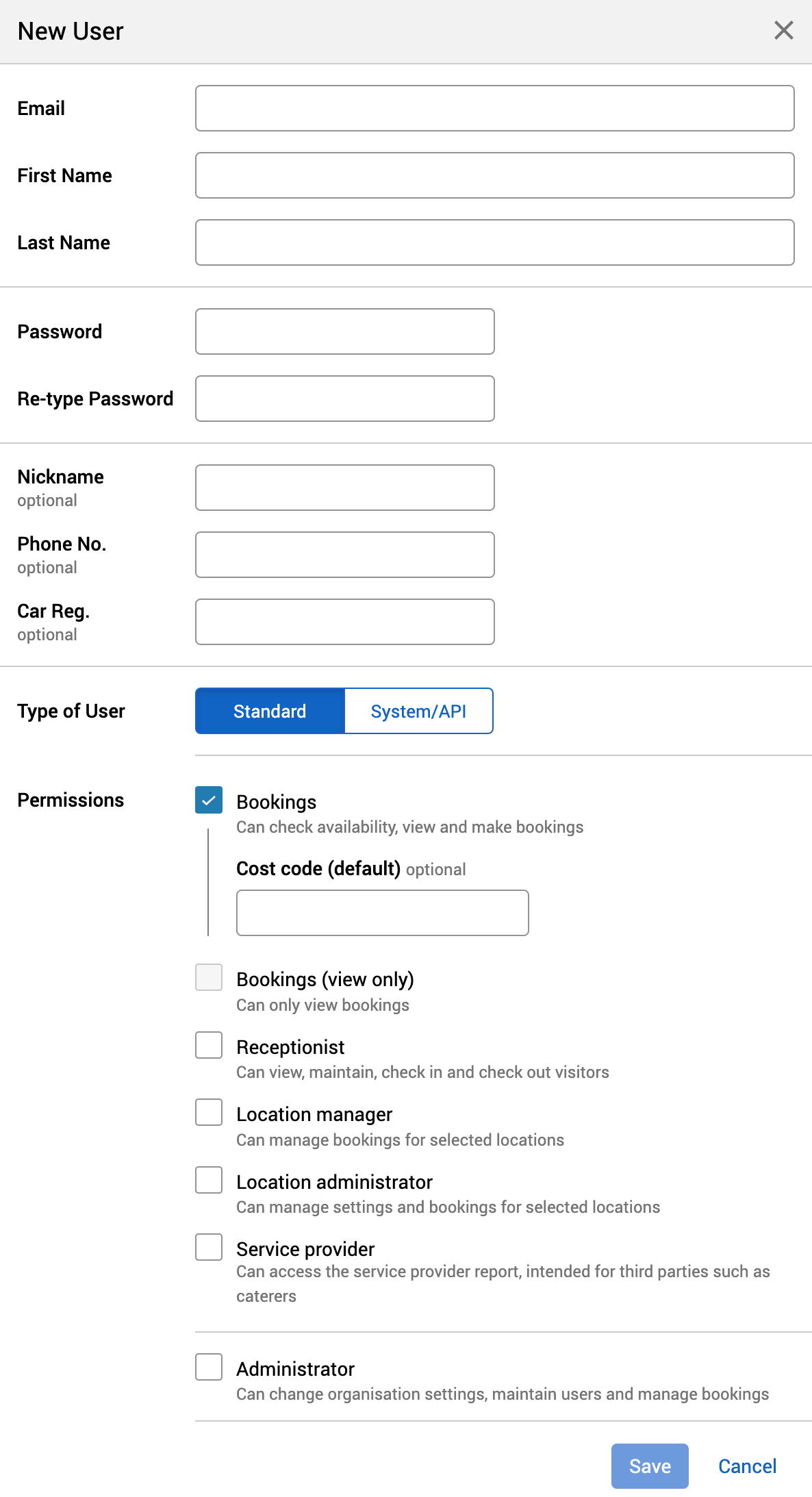 New user pop-up with Bookings permission selected.