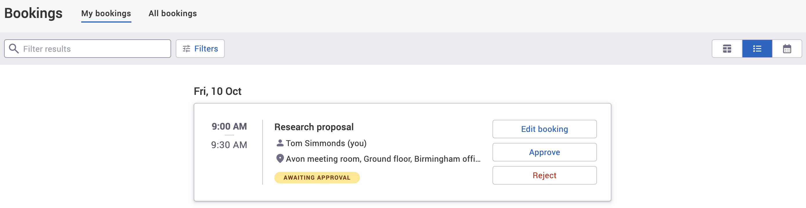Approve button on booking in list view on my bookings tab.