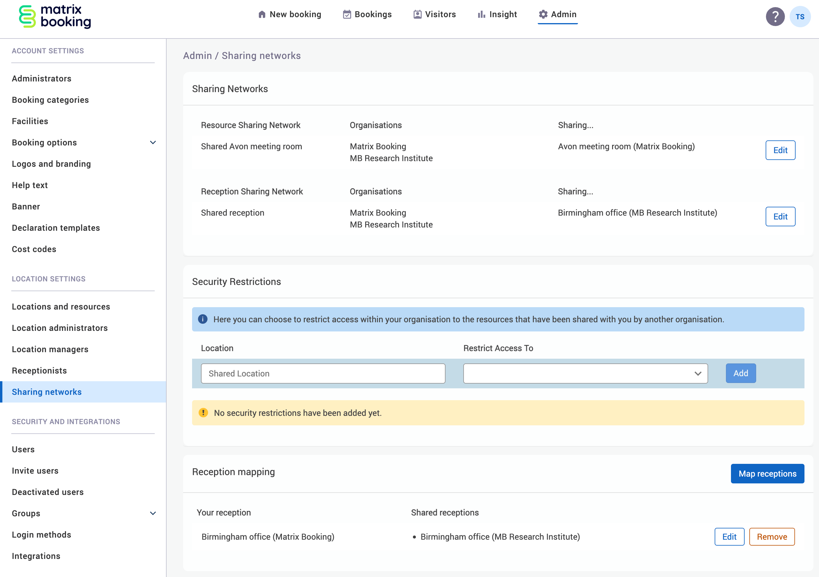 Sharing networks screen with an example shared reception setup.