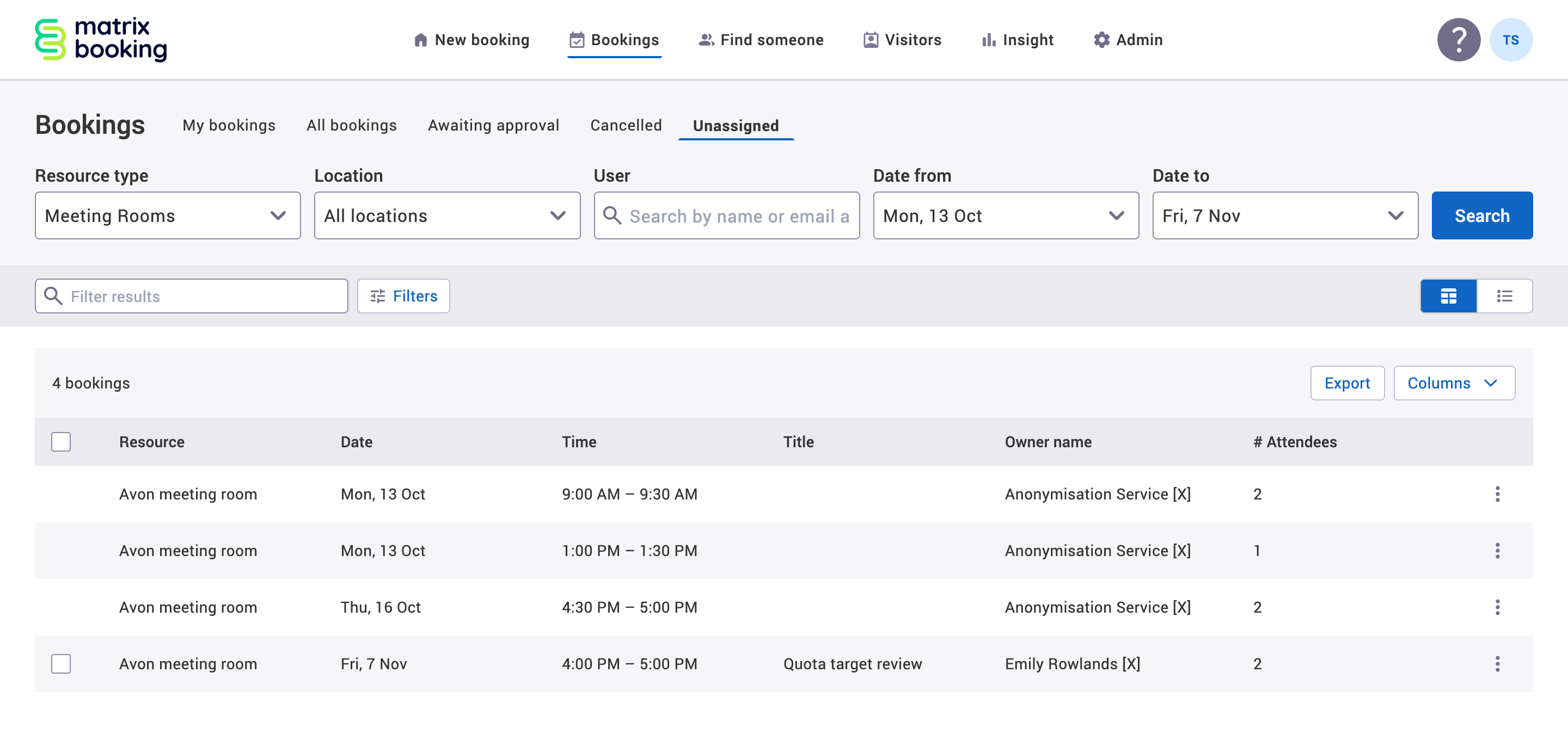 Unassigned tab in the table view with example unassigned bookings displayed.