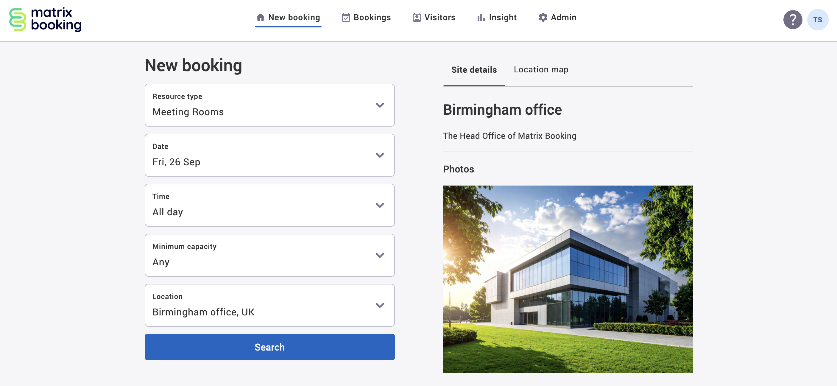 New booking screen with a photo of the building.