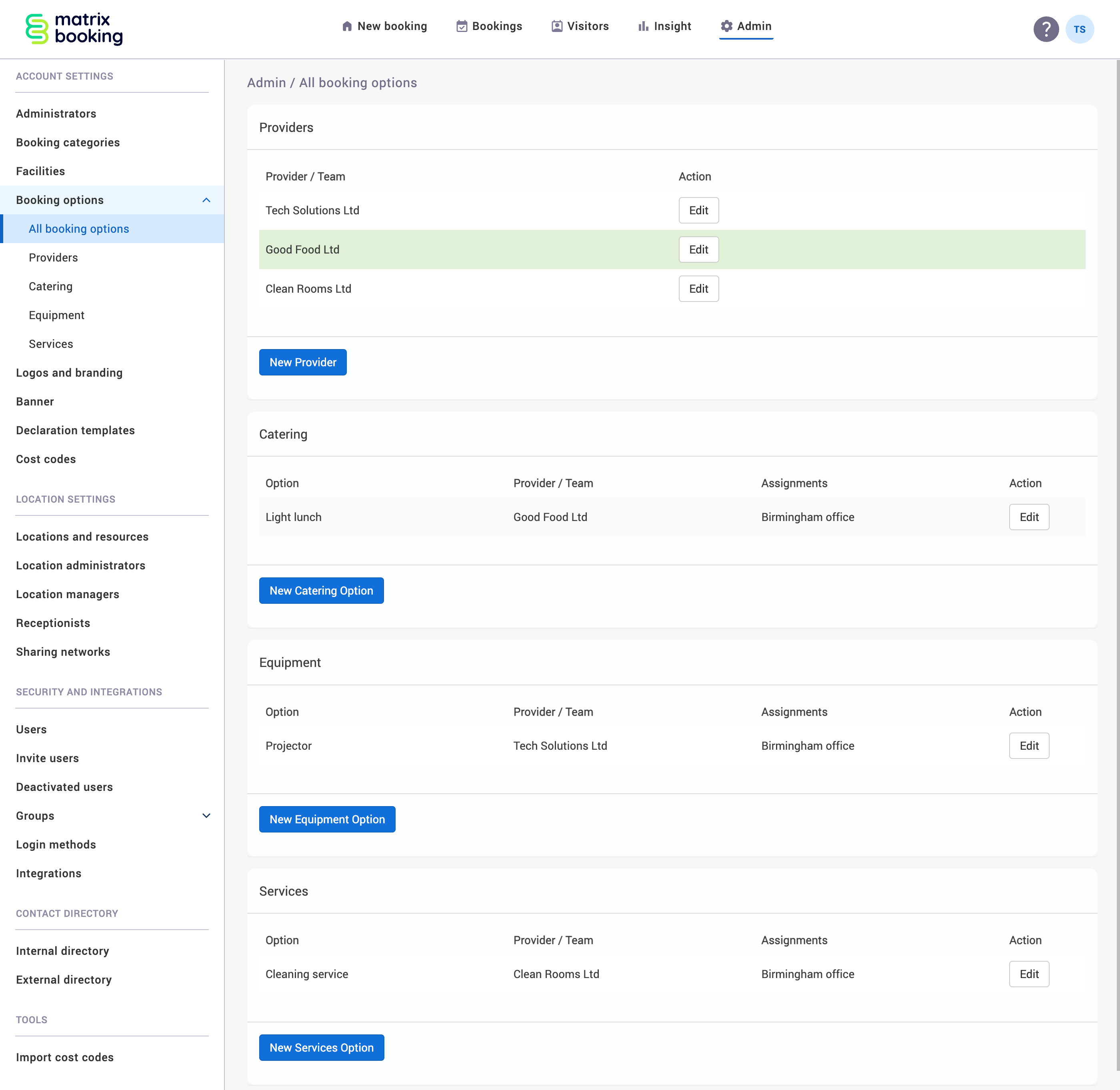 All booking options screen.