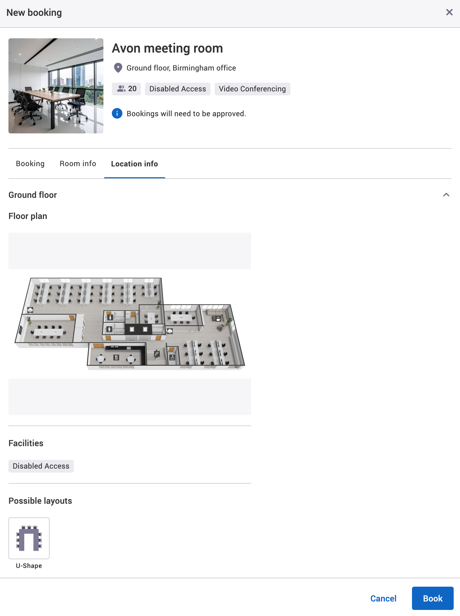 Location info in the new booking pop-up with example location details added.