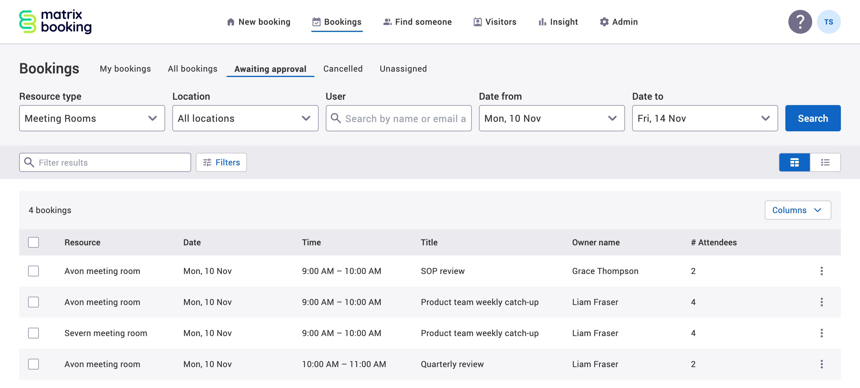 Awaiting approval tab in the table view with example bookings awaiting approval displayed.
