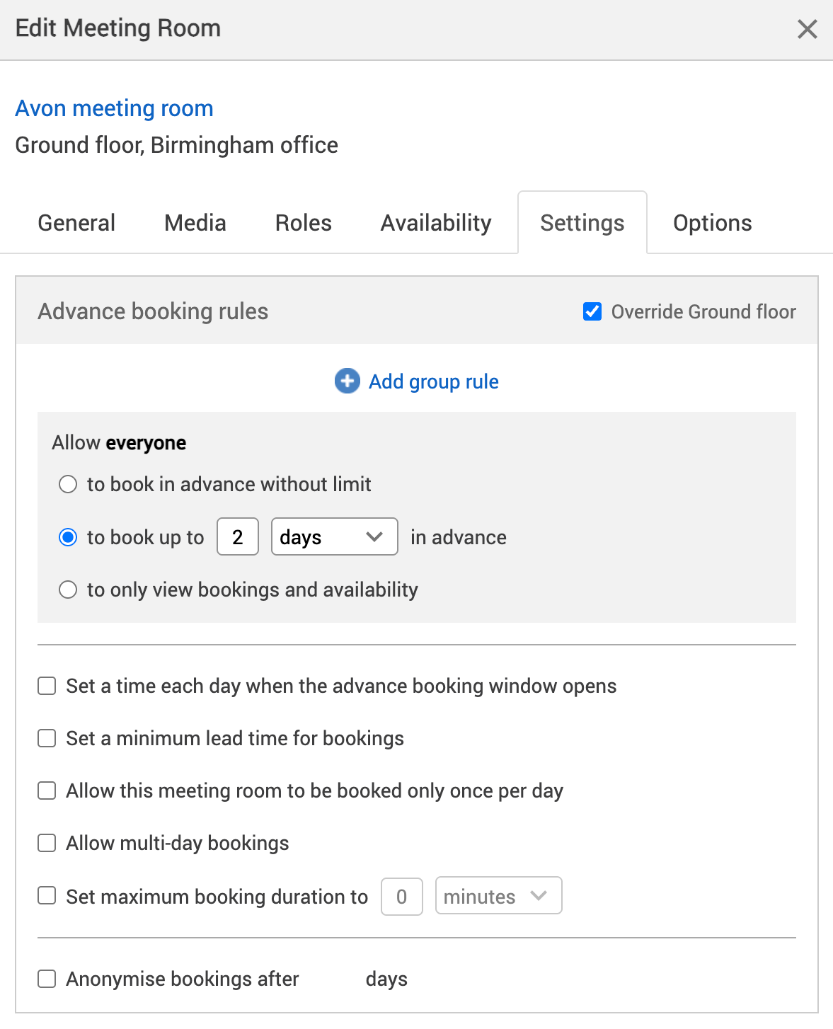 Book in advance set to 2 days in advance in the Settings tab of the edit meeting room pop-up.