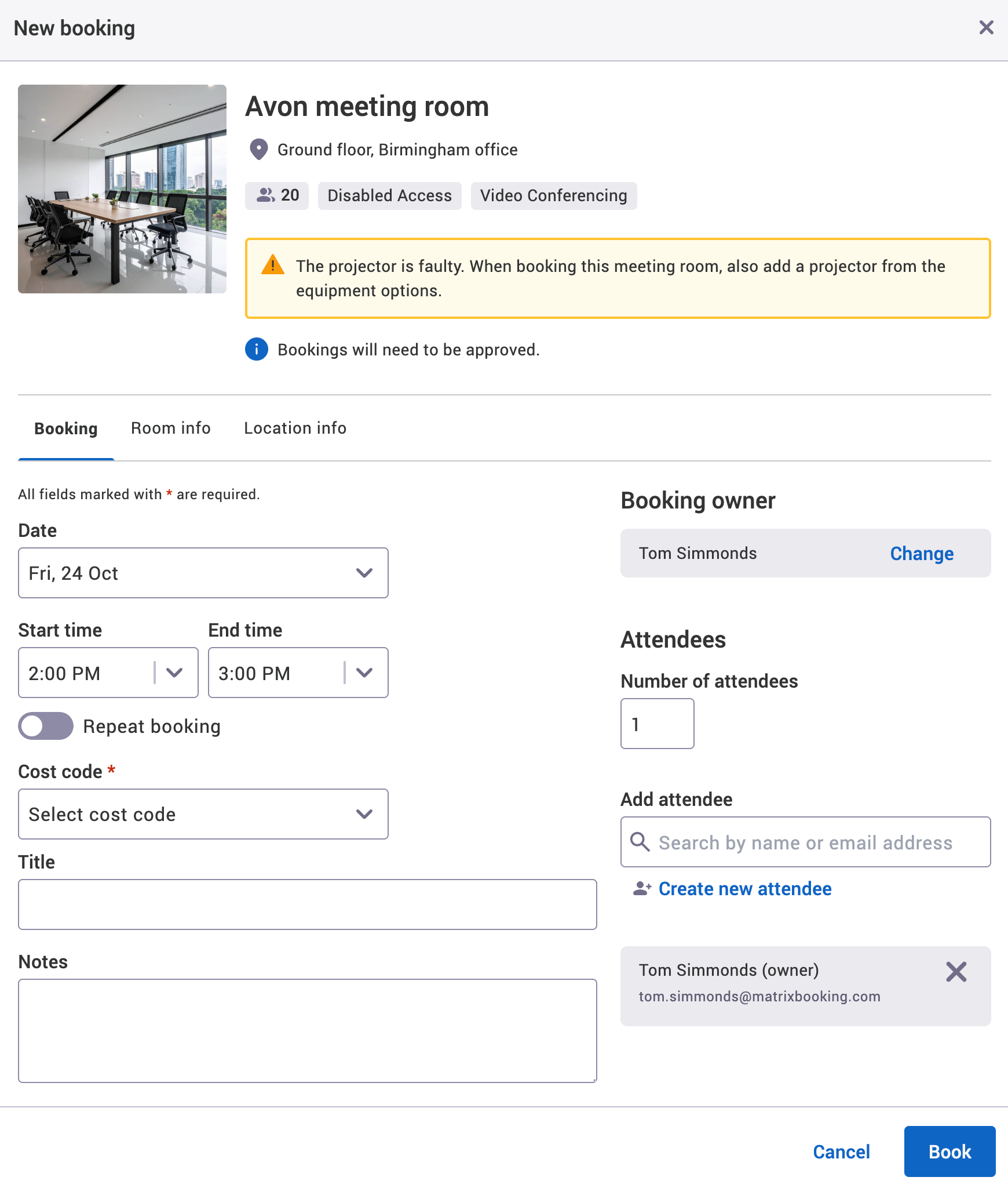 New booking pop-up with example alert text.