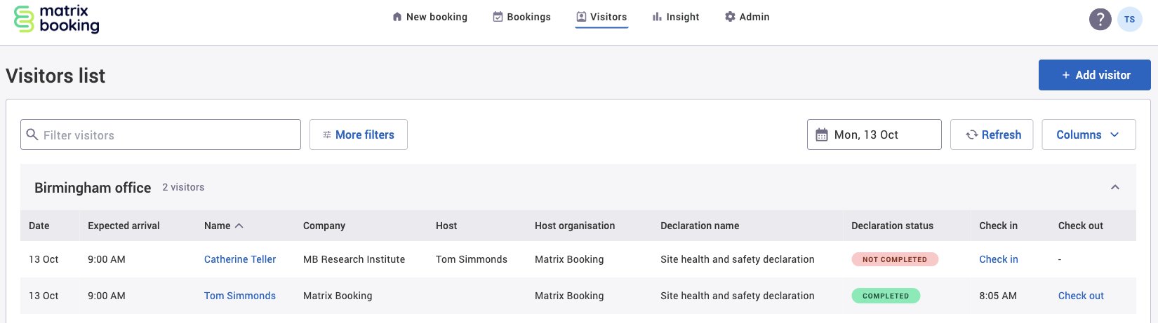 Visitors list with example visitors.