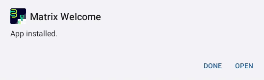 Welcome app installed dialog.