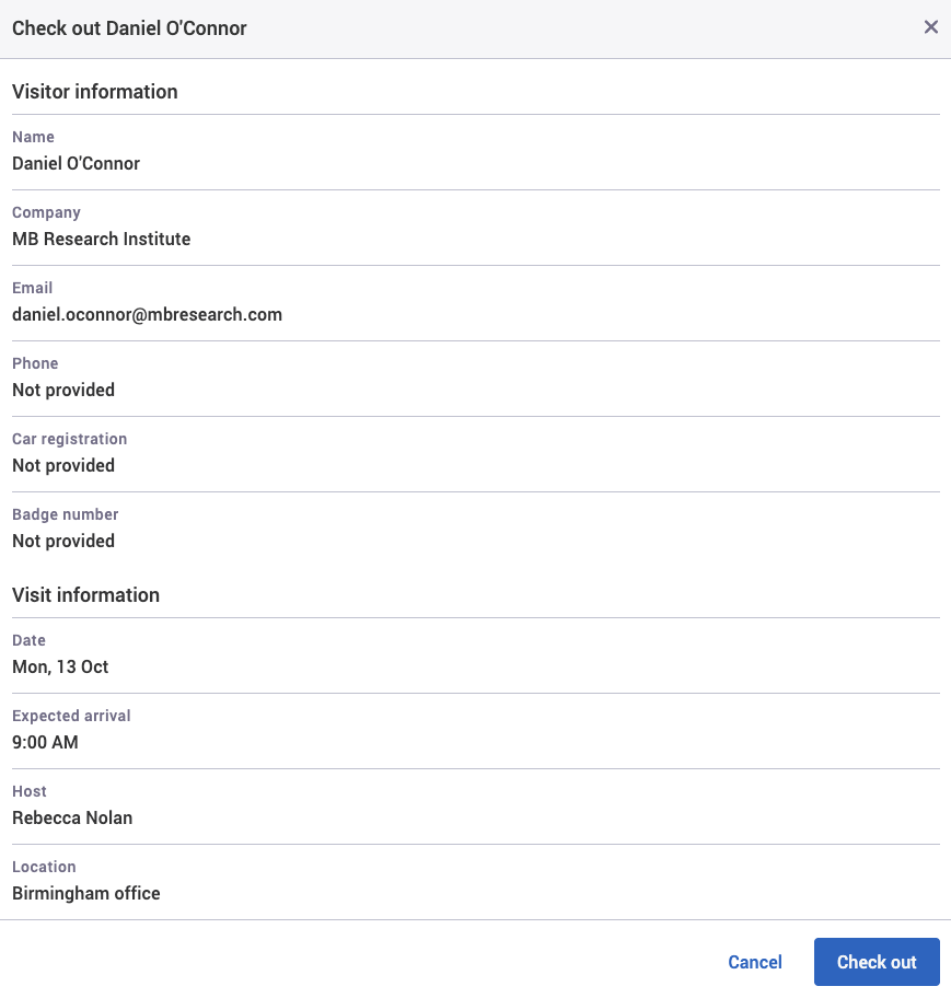 Checkout pop-up for an example visitor.