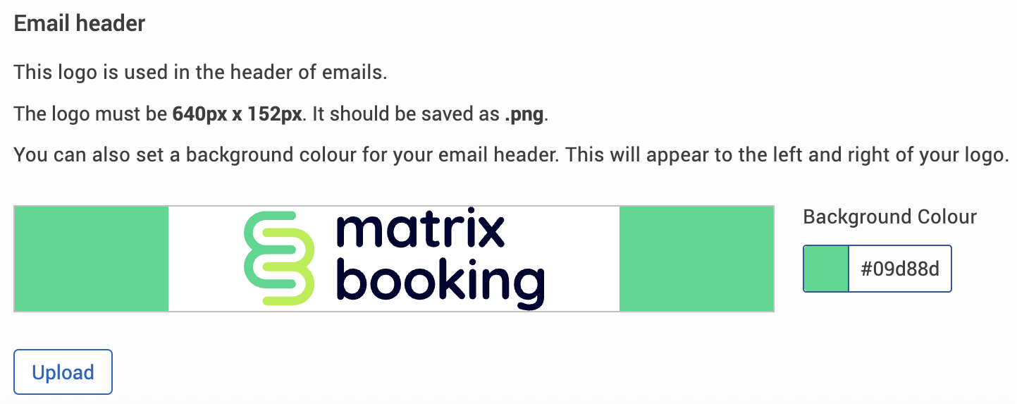 Email header section in the logos and branding screen, where the email header has a green background instead of white.