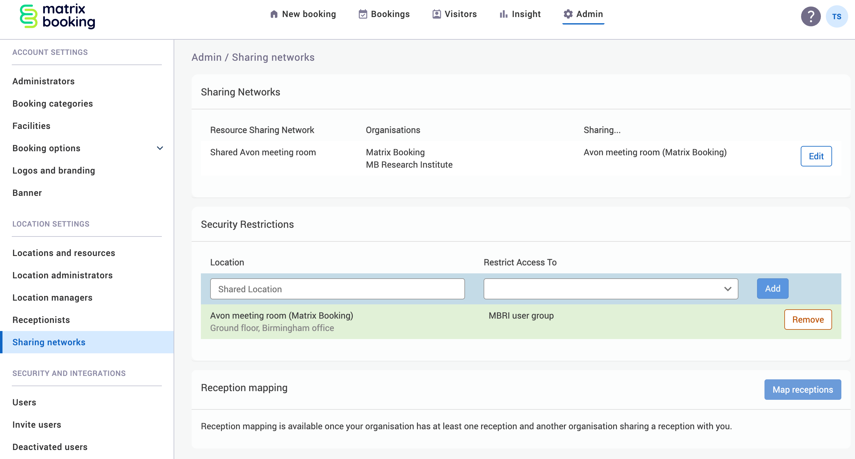 Sharing networks screen.