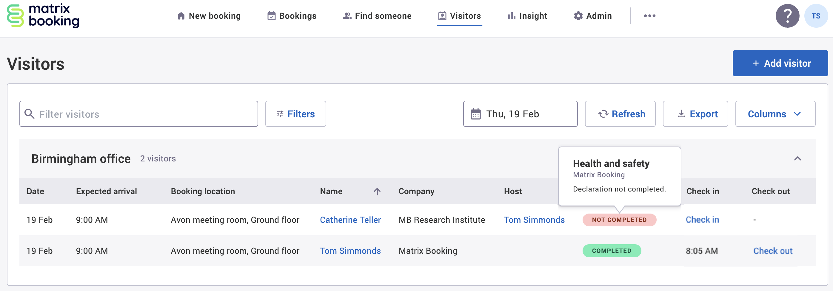Visitors list with example visitors.