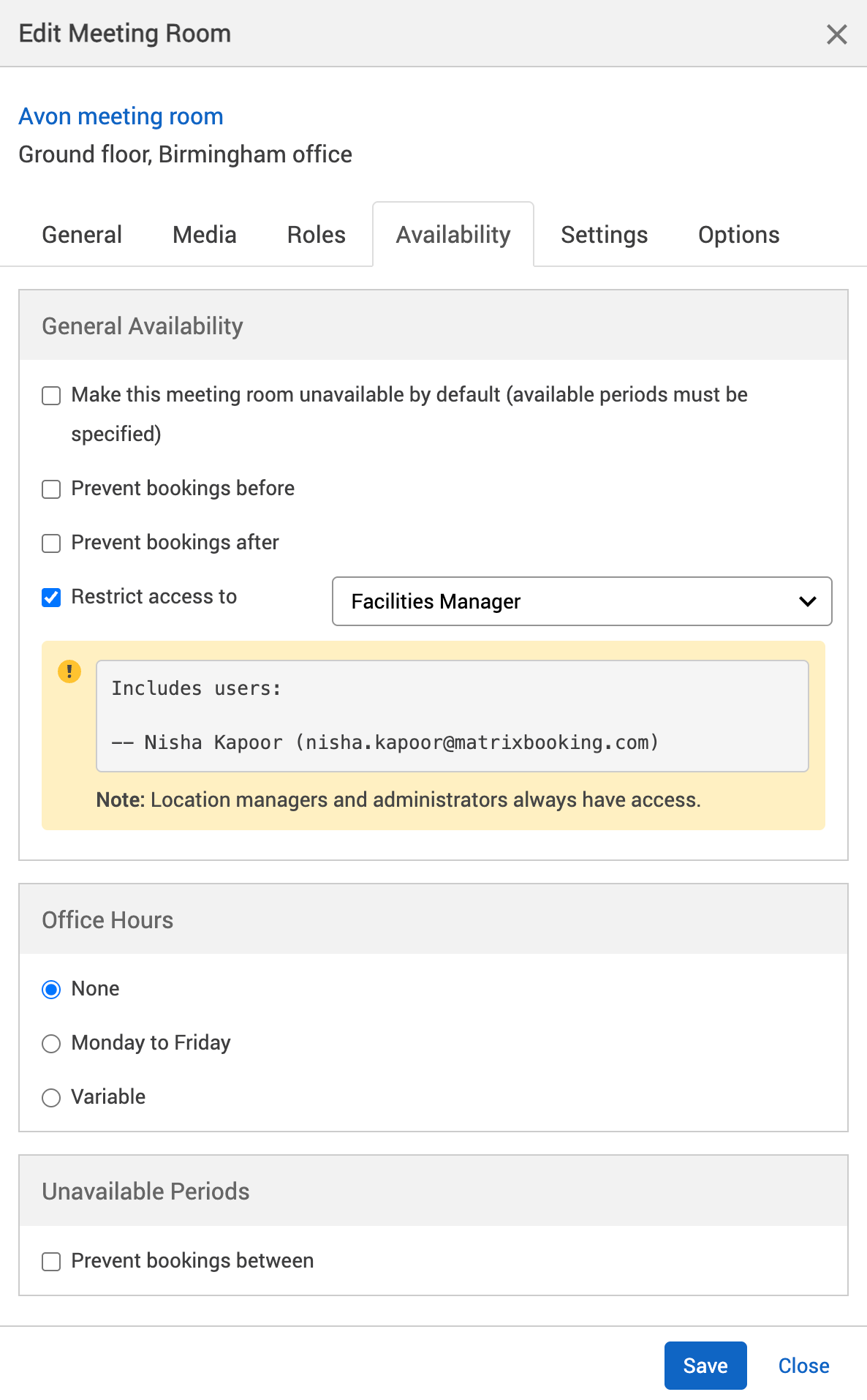 The restrict access to setting has been set to the facilities managers user group for the meeting room.