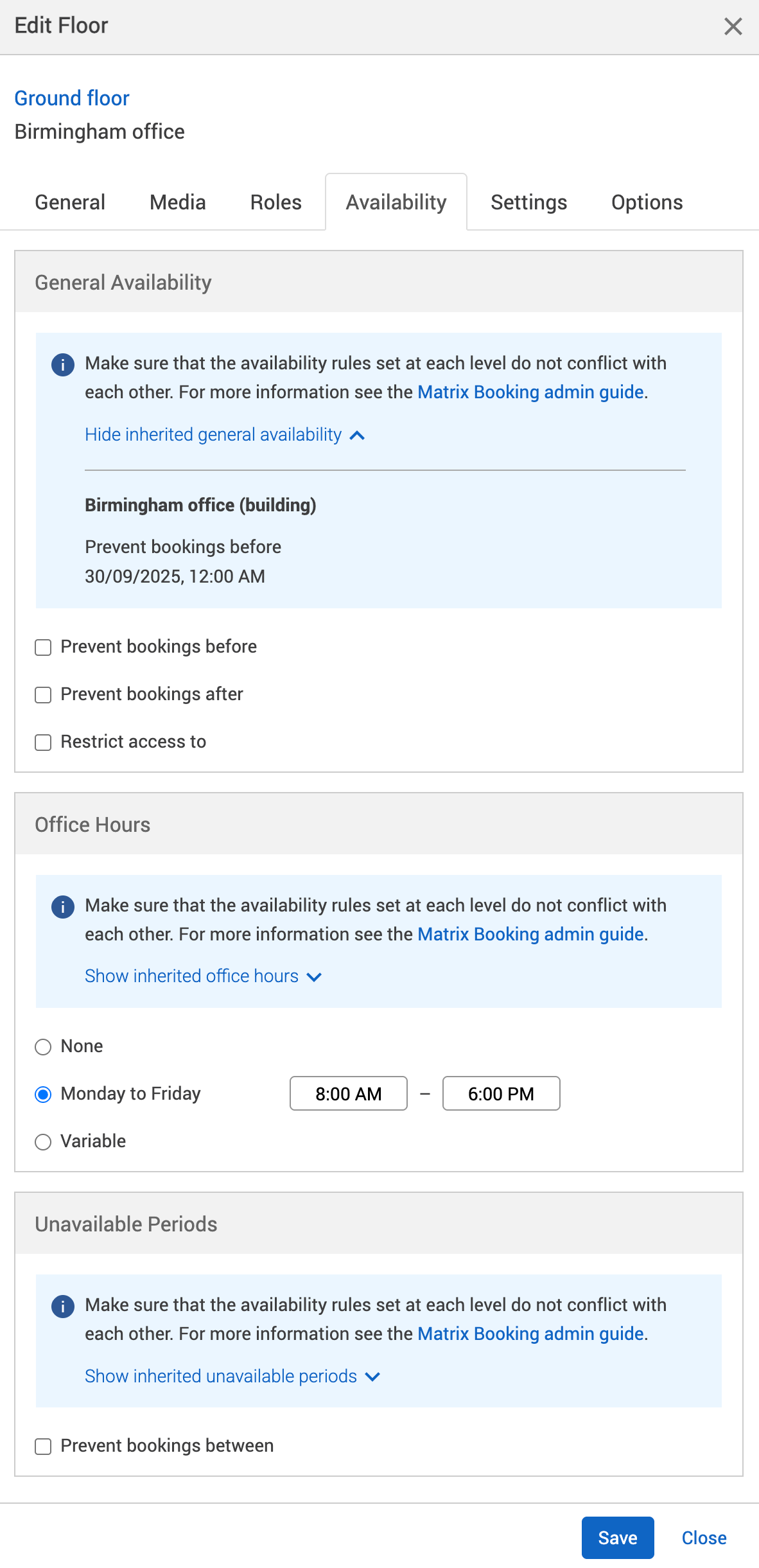 Example inherited availability messages displayed on the edit floor pop-up, for the ground floor from the building level.