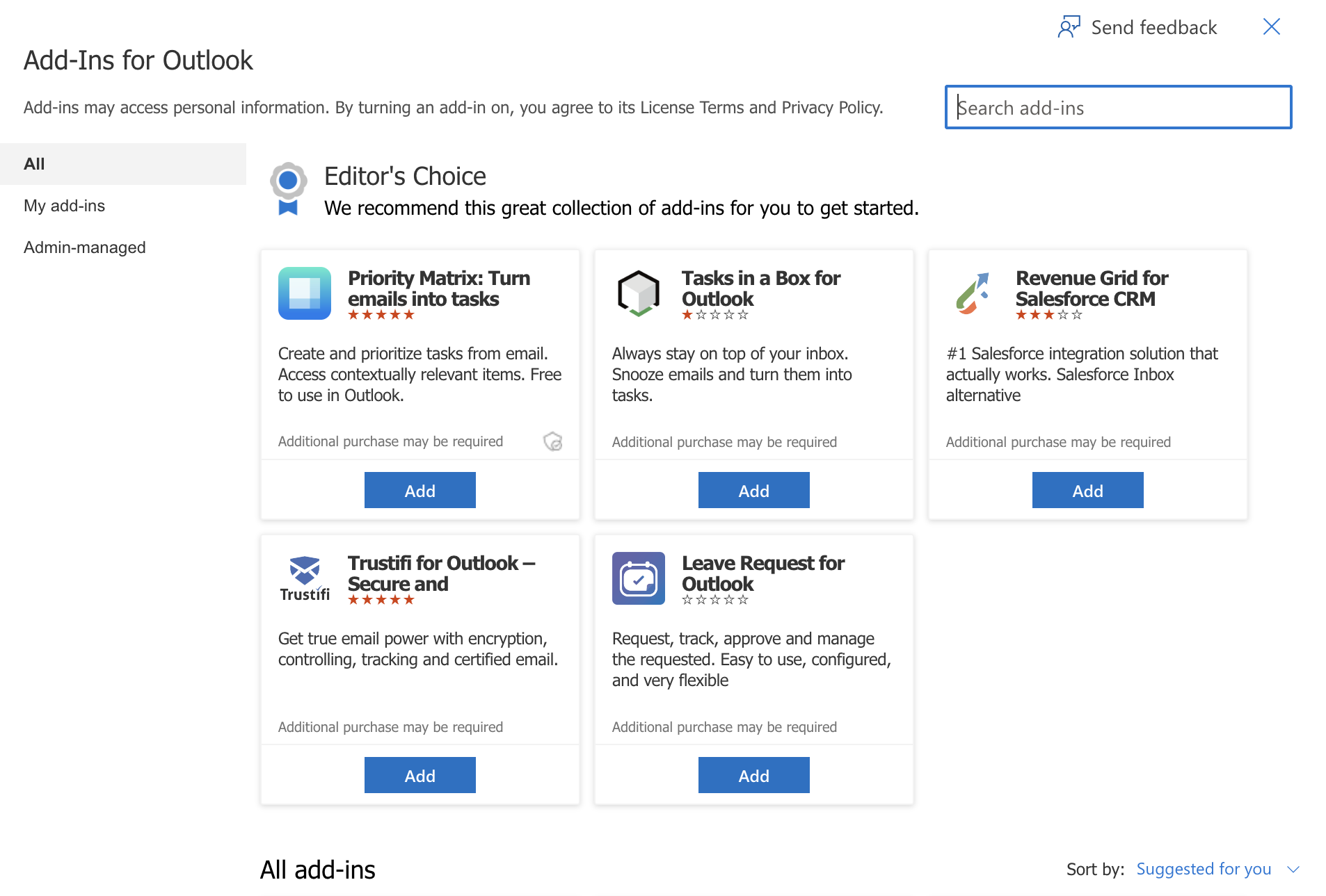 Add-ins for Outlook screen.
