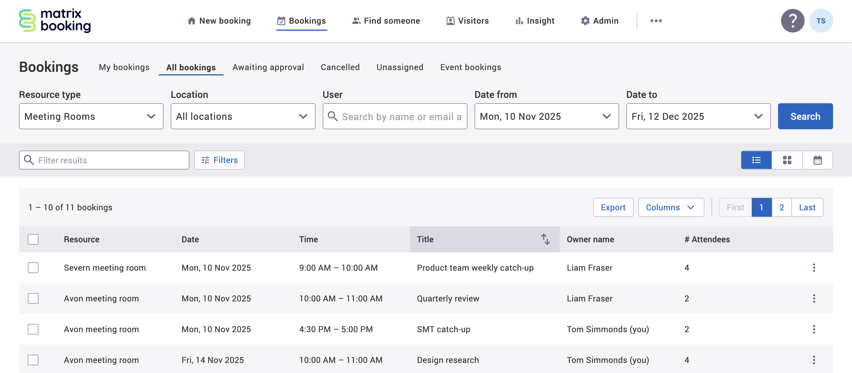The up and down arrows button appears next to the title column in the all bookings tab on the bookings screen.