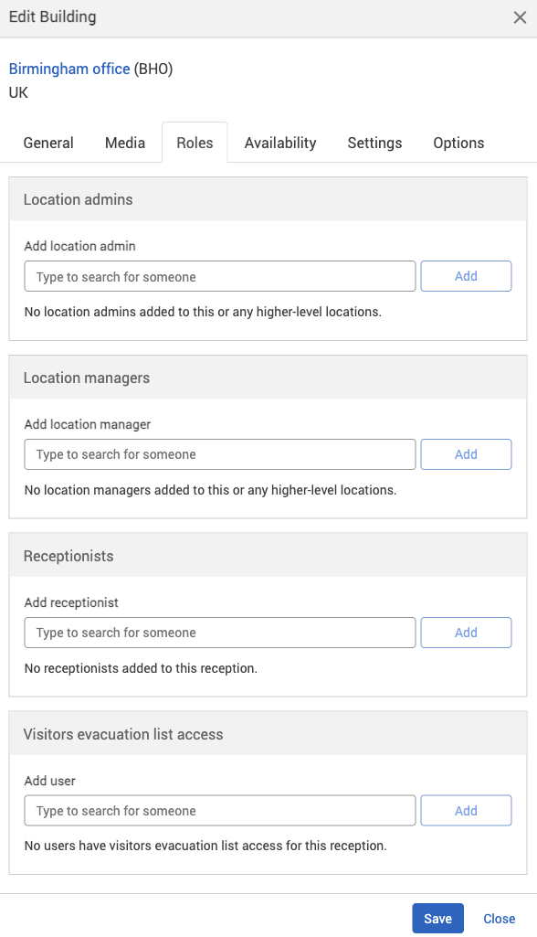 Roles tab of the Edit location dialog.