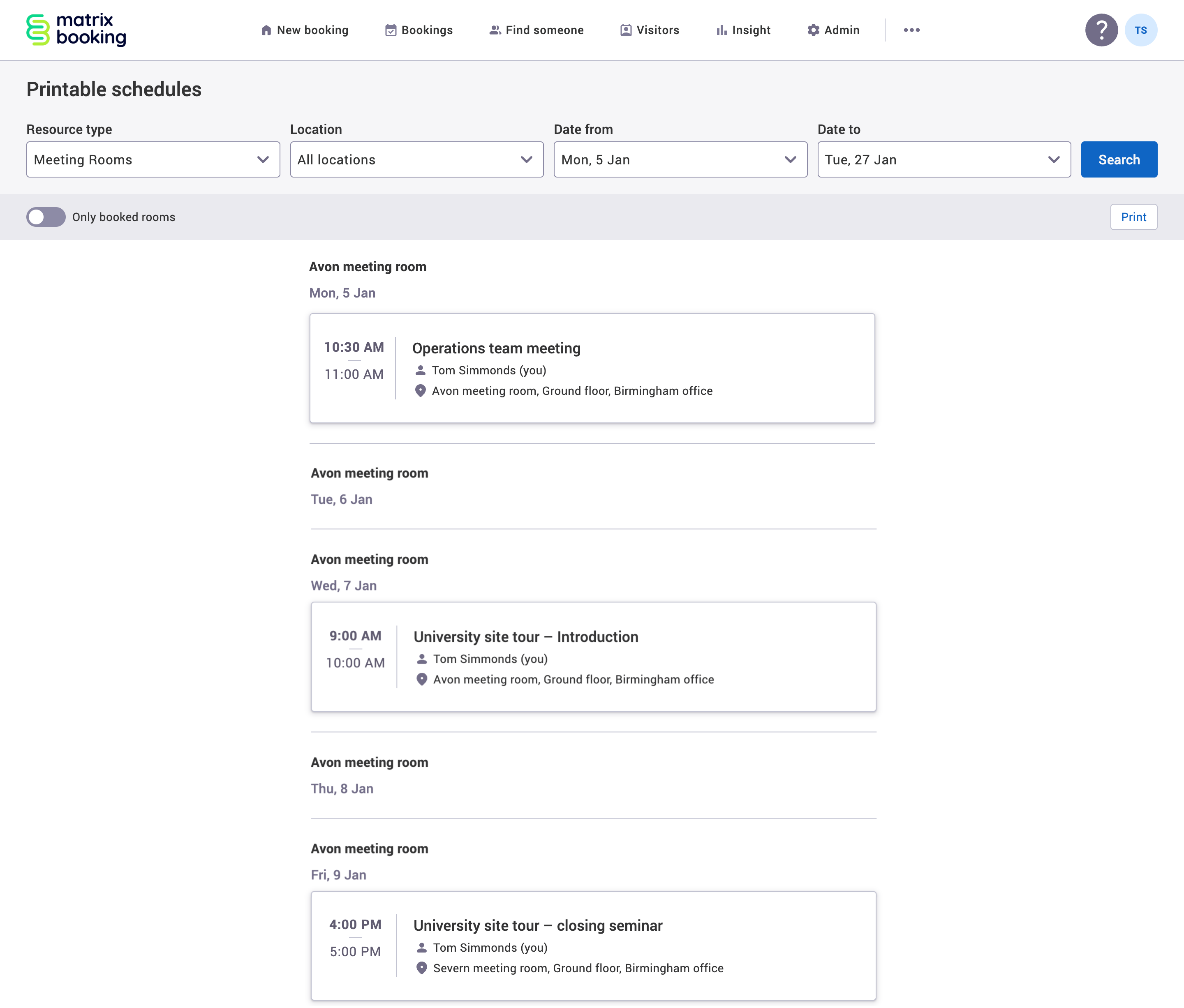 Printable schedules screen.