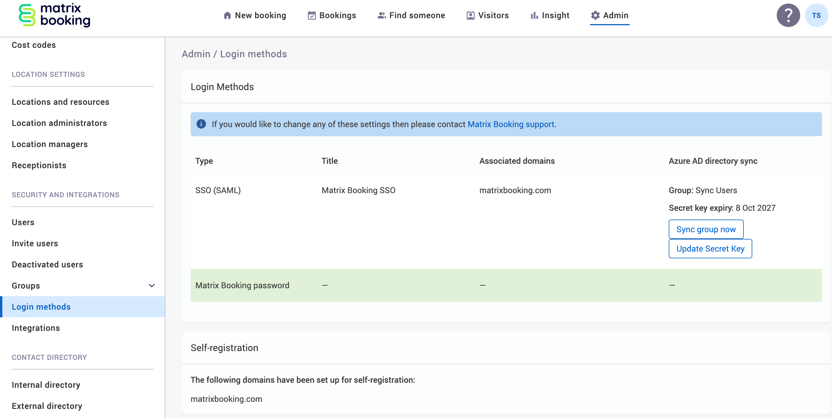 Login Methods screen with SSO enabled for an example organisation.
