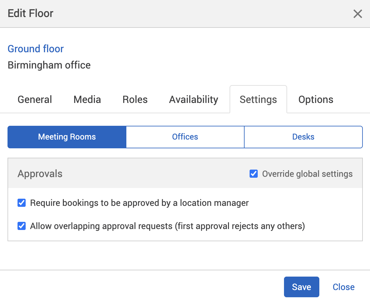 Approvals switched on in the settings tab of the edit location pop-up.