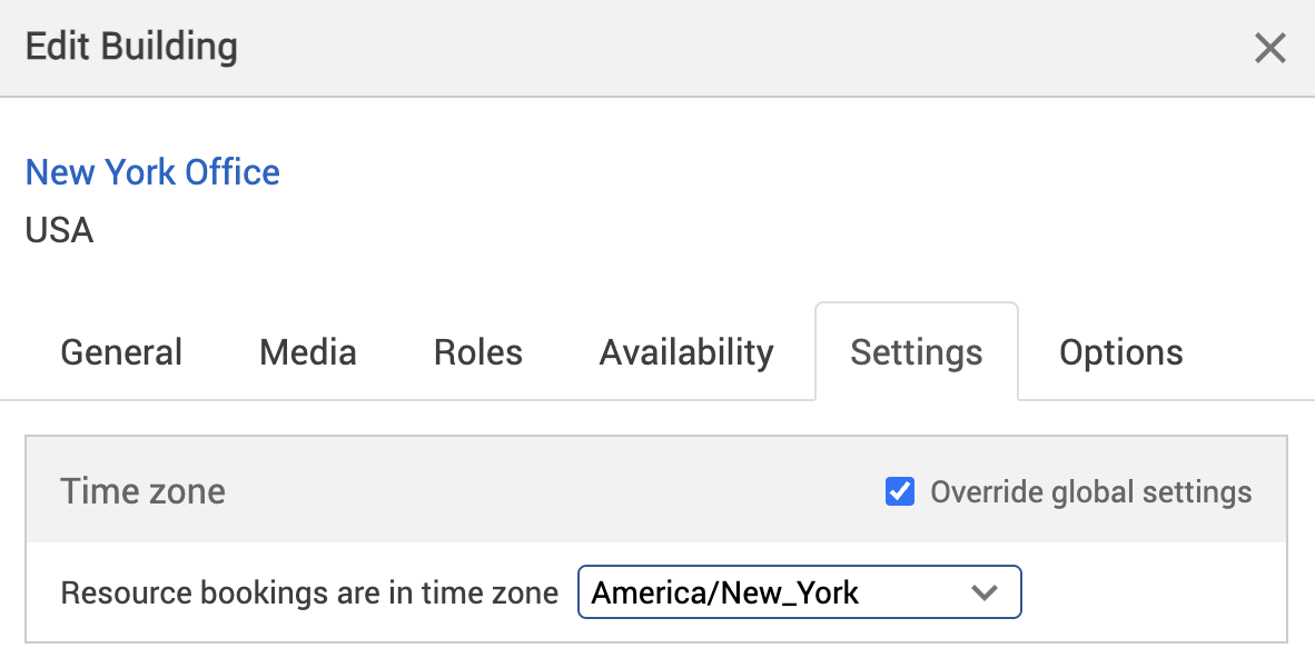 Example time zone entered in the Settings tab of the edit building pop-up.
