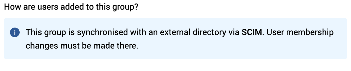 Info message about making user and user group changes via SCIM and not Matrix Booking.