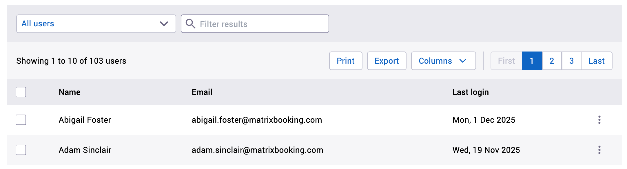 Users screen with the print and export buttons.