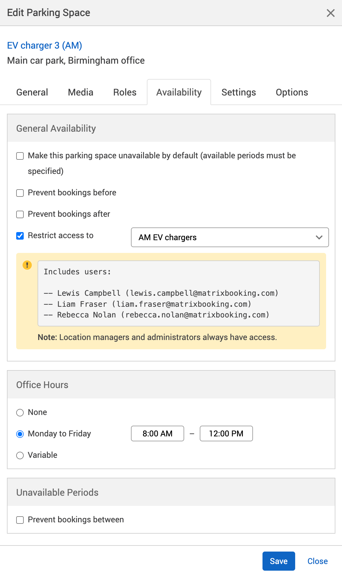 Restrict access to and office hours amended for morning EV charger users in the edit resource pop-up.