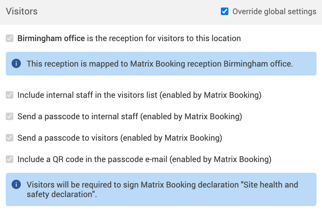Visitors settings switched on and greyed out for sharer organisation's reception.