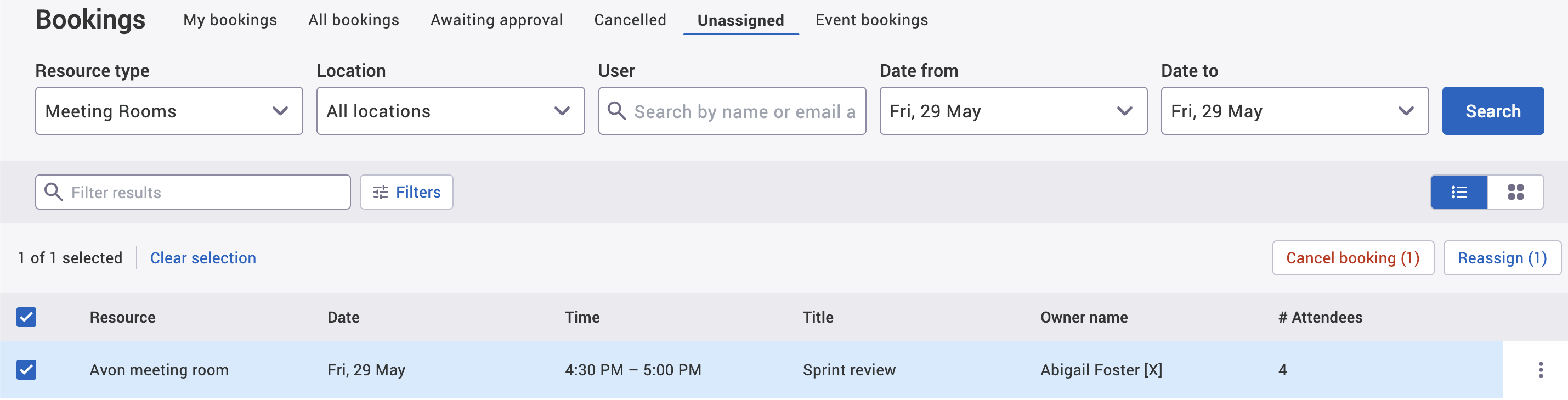 Table view of the unassigned tab with an example booking selected for cancellation.