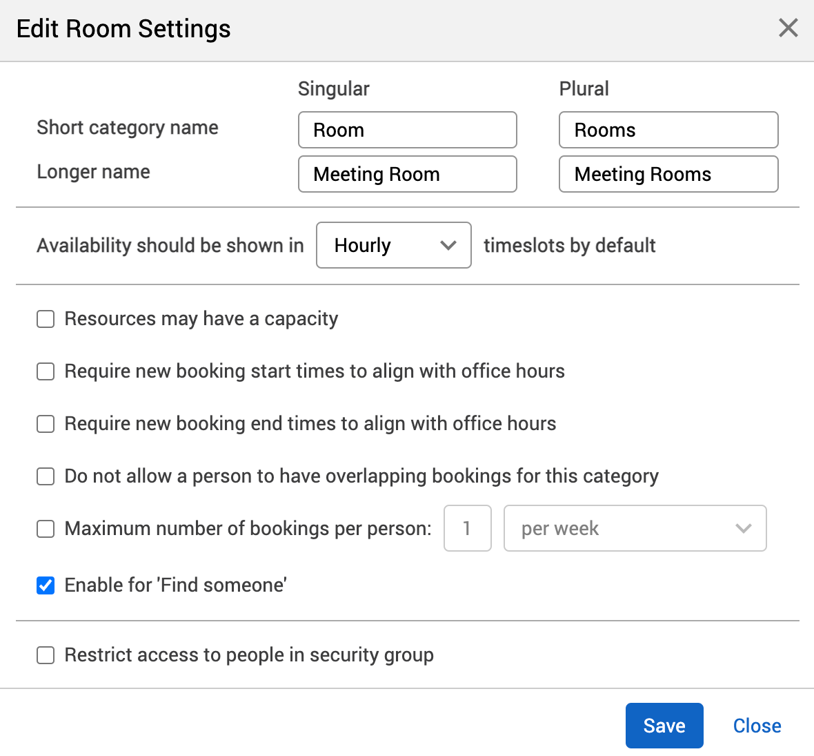 Edit room settings pop-up with the enable for find someone setting switched on.