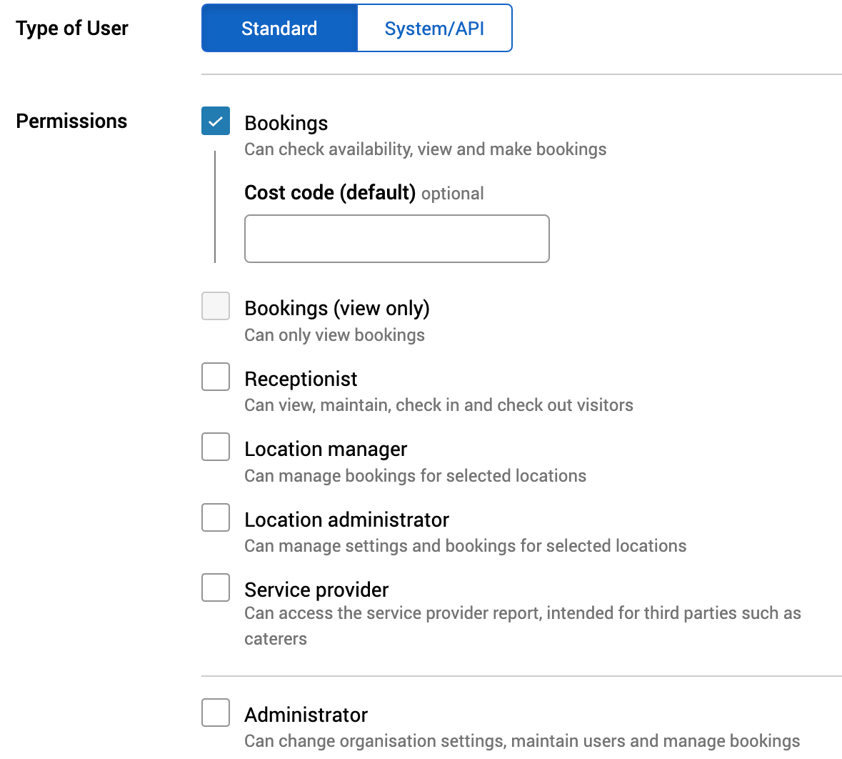 Type of user and permissions sections of the new user dialog.