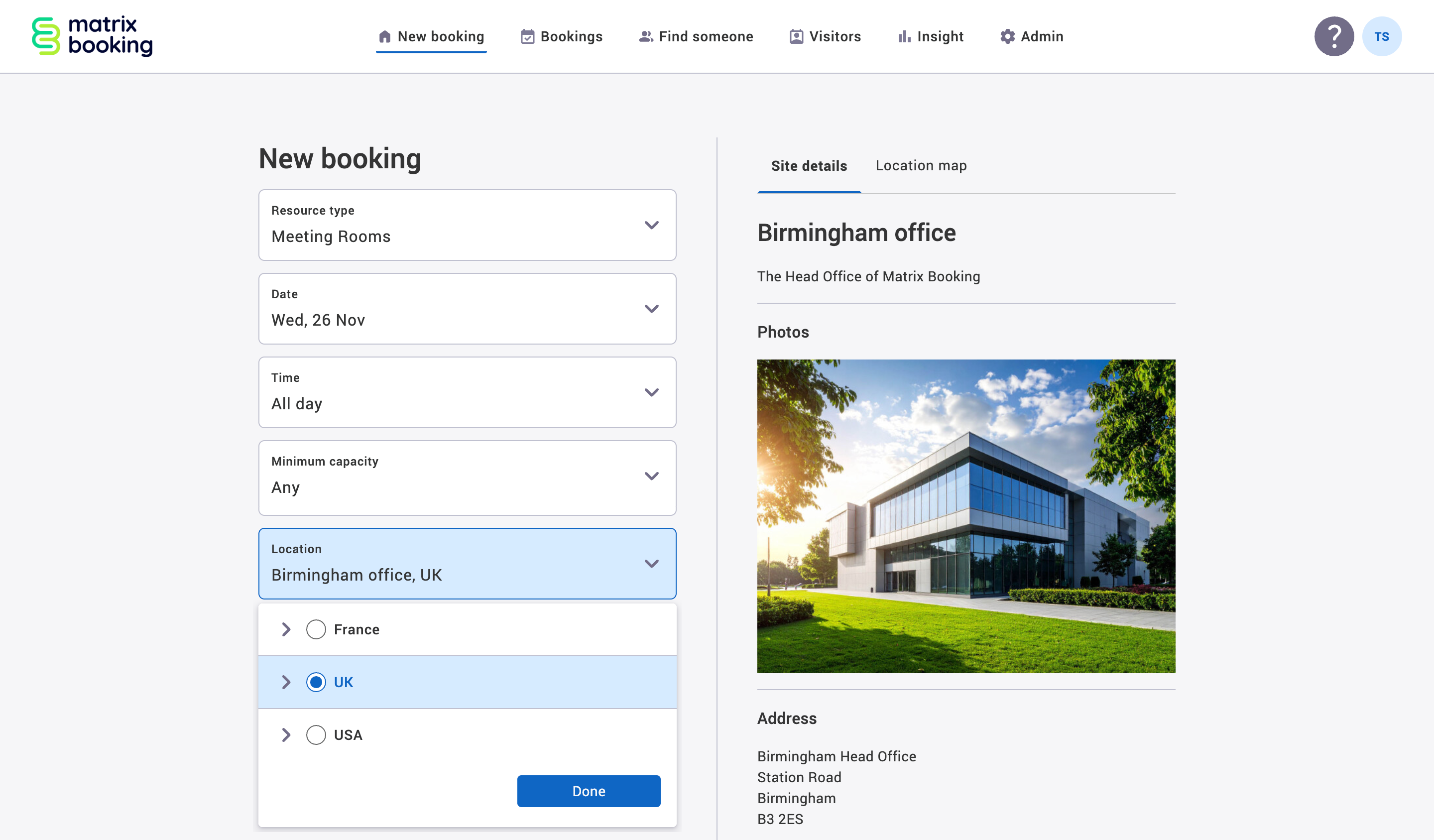 New booking screen with the location dropdown reordered alphabetically.