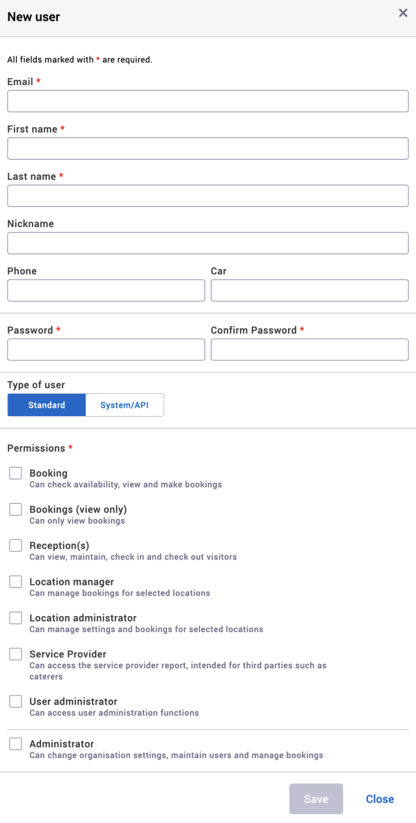 New user dialog with Bookings permission selected.