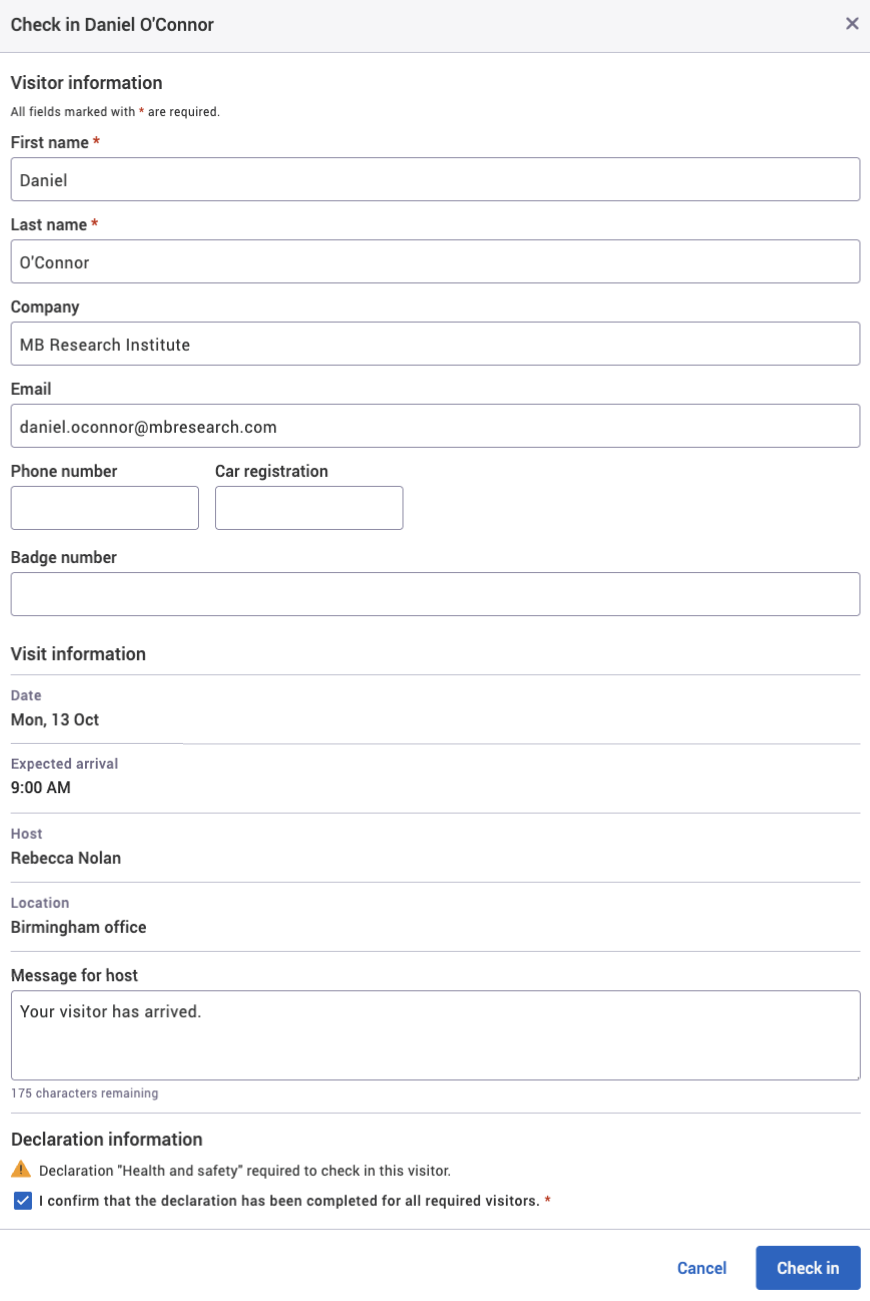 Check-in pop-up with an example visitor added.