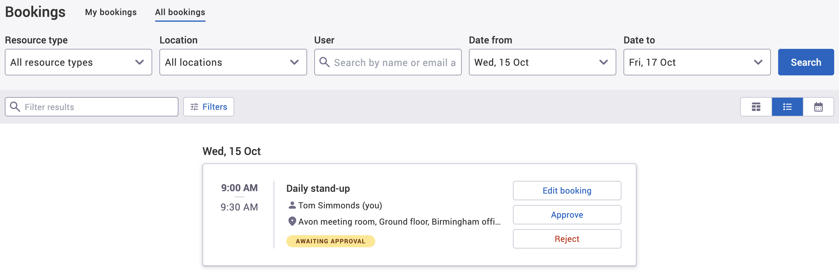 Approve button on booking in list view on all bookings tab.