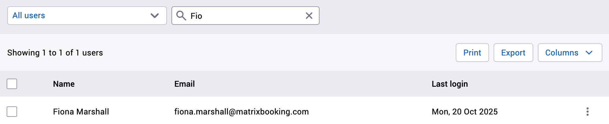 The filter text box has f, i, and o filled in and has reduced the list of users to 1 entry.