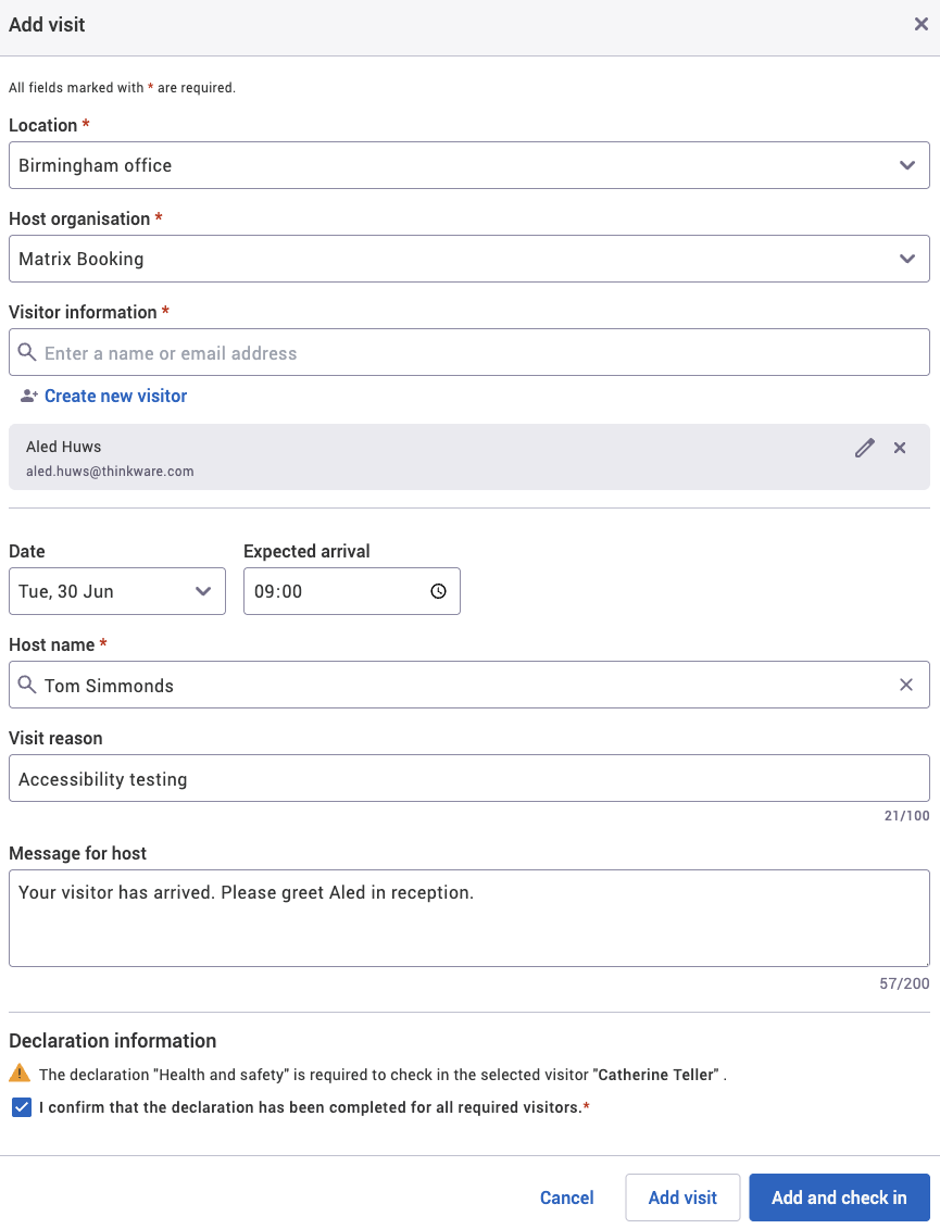 Add visit dialog with an example visit added.