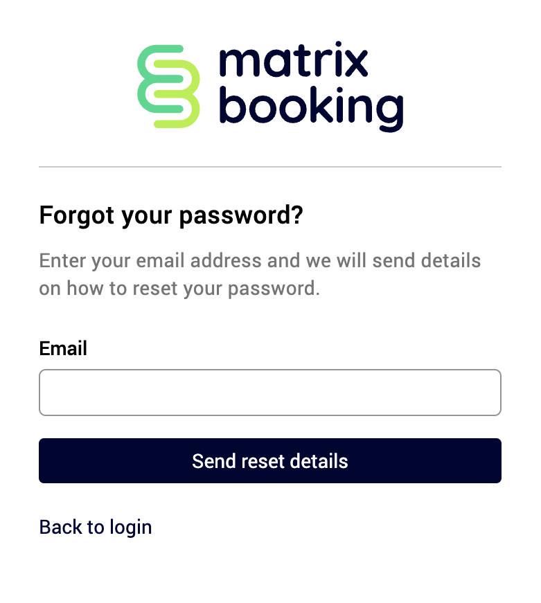 Matrix Booking forgot your password page.