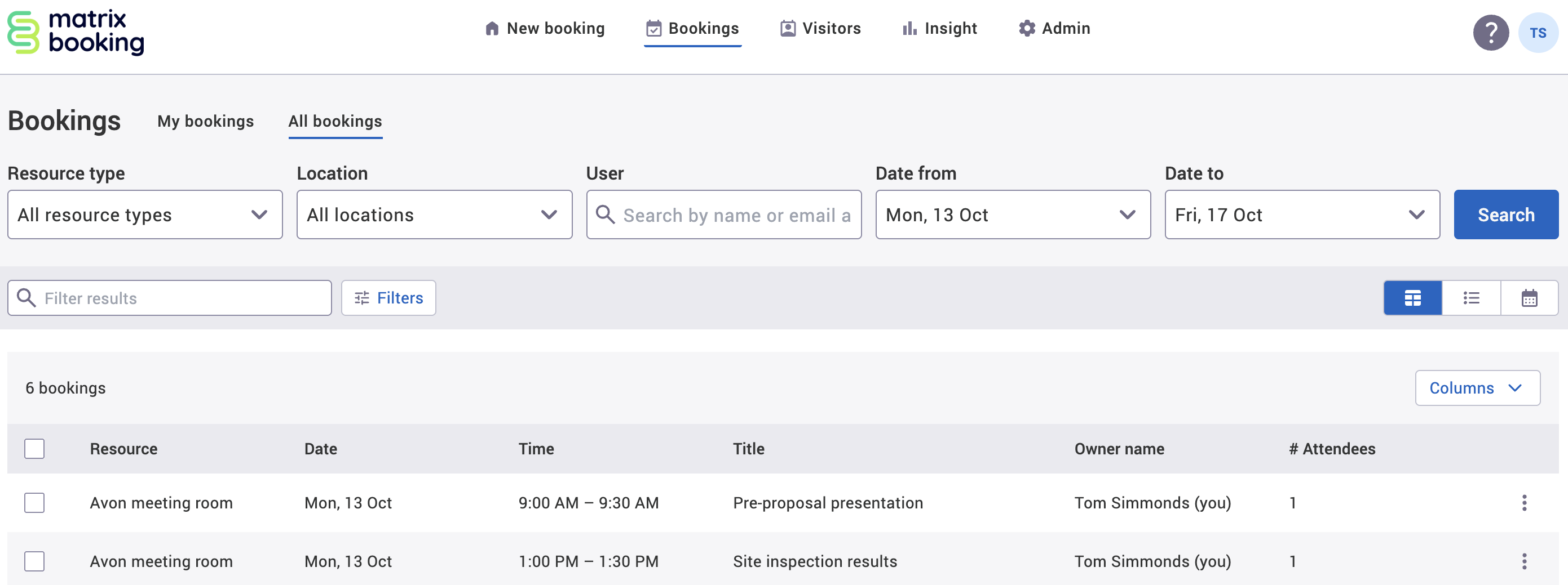 Table view of the All bookings tab in the bookings screen with 2 example bookings.